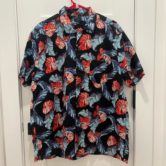 J. Crew Mens Button Down Shirt Size XL Leaf Black and Red Collared short sleeves - Picture 1 of 7